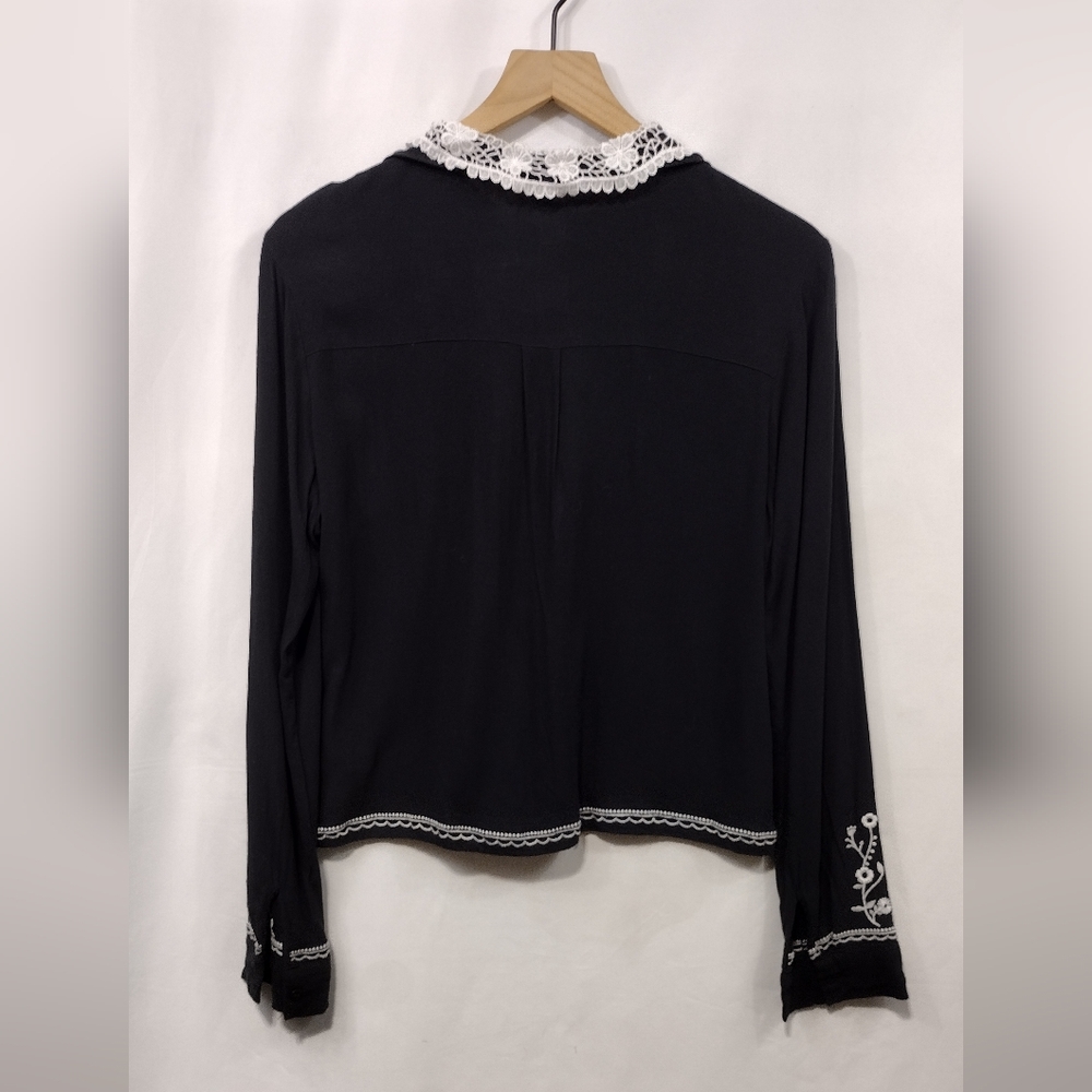 H&M Babydoll Blouse Women's 12 Black White  Preppy Academia Boho Retro 90s Y2K - Picture 5 of 8